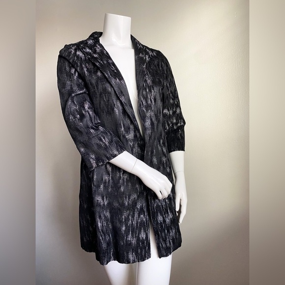 EILEEN FISHER Black Jacquard Open Front Long Blazer Jacket Coat Silver Artisan S - Picture 2 of 12